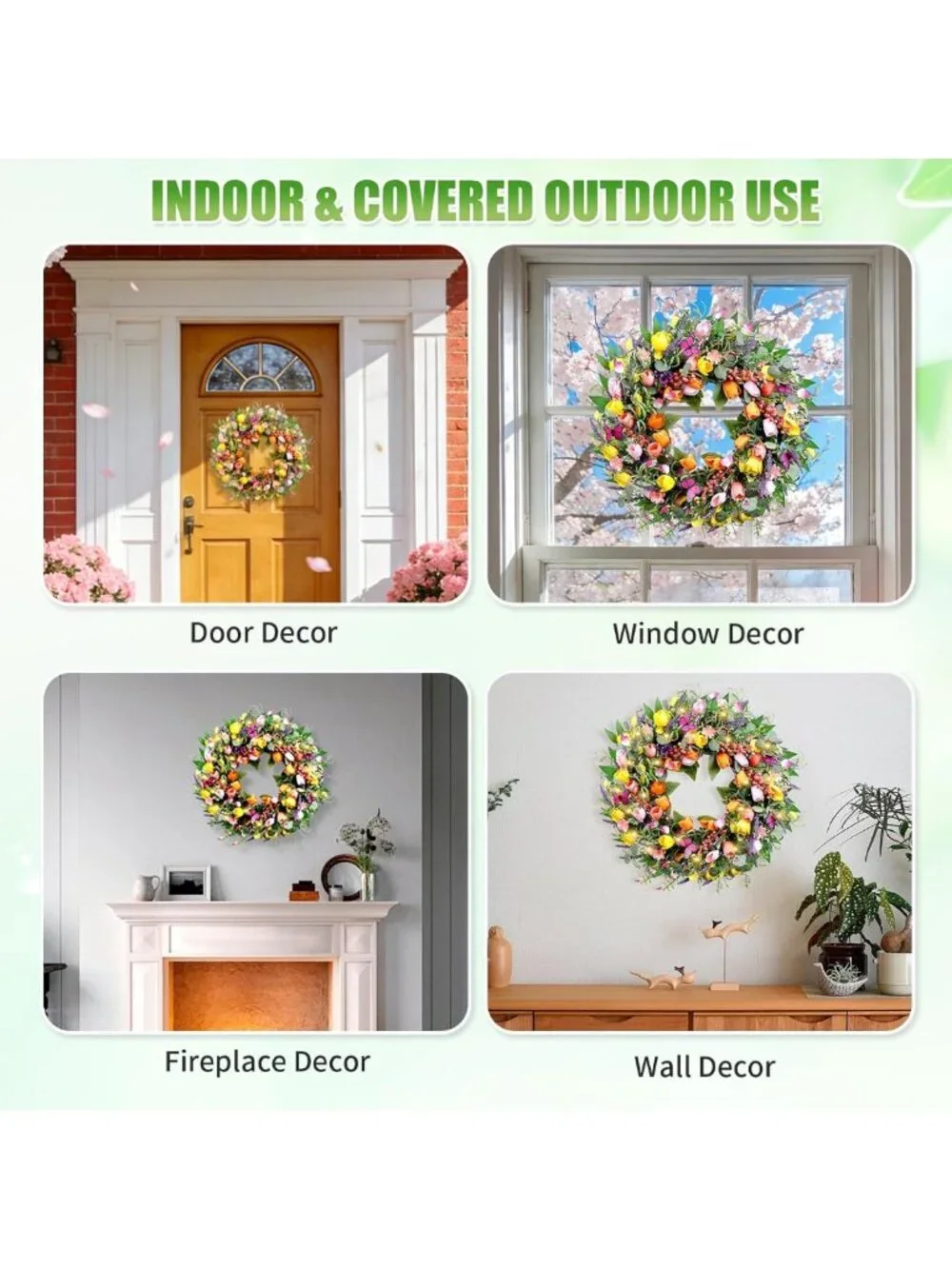 24-Inch Spring Tulip Wreath with Lights & Butterflies for Indoor/Outdoor Decor